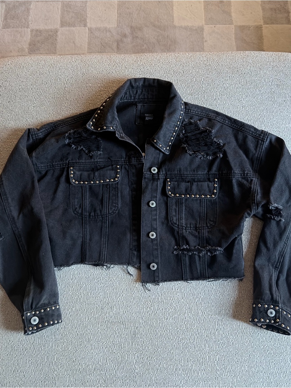 Forever 21 Black Studded Distressed Cropped Denim Jacket